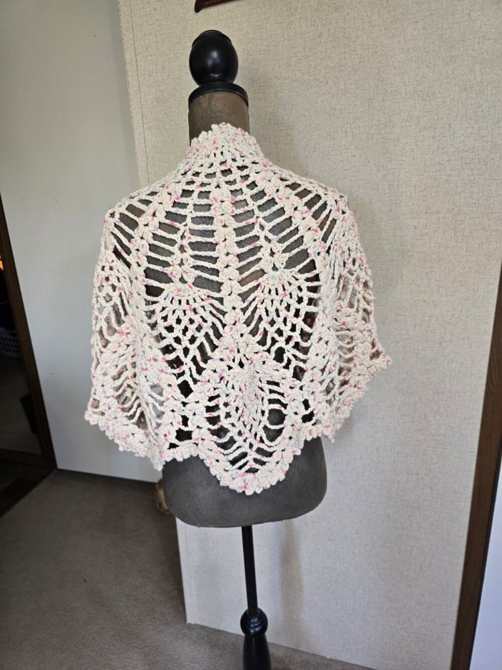 Crochet Open Front Boho Shrug Multi-Color 100% Cotton Knit Pink & White